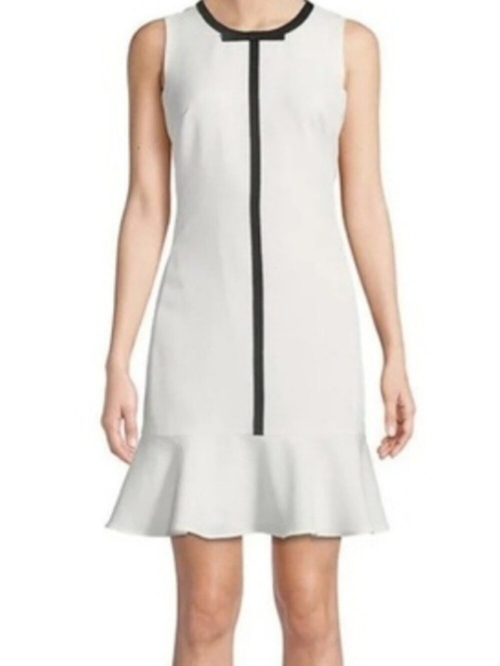 Karl Lagerfeld White Ruffle-Hem Dress, Black Contrast Trim, Bow at neck, Sz: 4